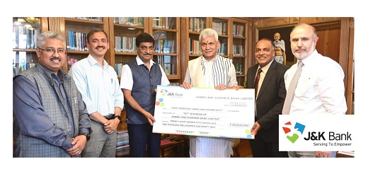MD J&K Bank presents dividend cheques to Lt.  Governor Manoj Sinha